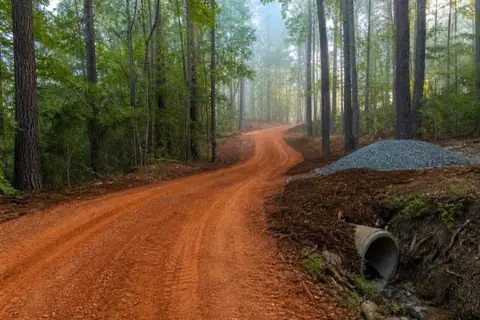 Curving red-clay access lane freshly opened through pines near Hoover Alabama