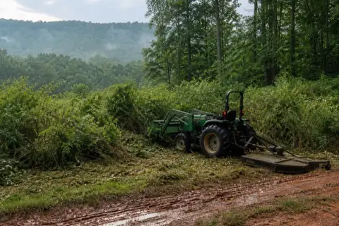 Brush mower opening a red-clay track beside hardwoods in the Hoover area