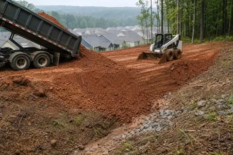 Dump trailer delivering red fill dirt to a graded hillside lot near Birmingham