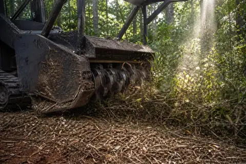 Forestry mulching machine working below preserved pines on a red-clay Hoover hillside