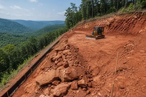 Small dozer grading a red-clay homesite with silt fence on the downhill edge