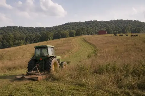 Tractor reclaiming a rolling Shelby County pasture beneath a wooded ridge