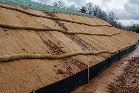 Erosion blankets and wattles securing a freshly graded Alabama red-clay slope