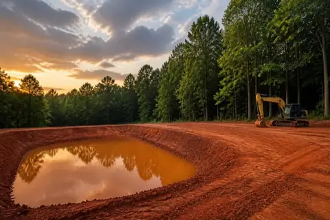Red-clay building pad and detention area prepared beside a preserved hardwood buffer